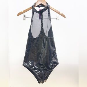 Glossy Black Halter Bodysuit With Zipper Crotch